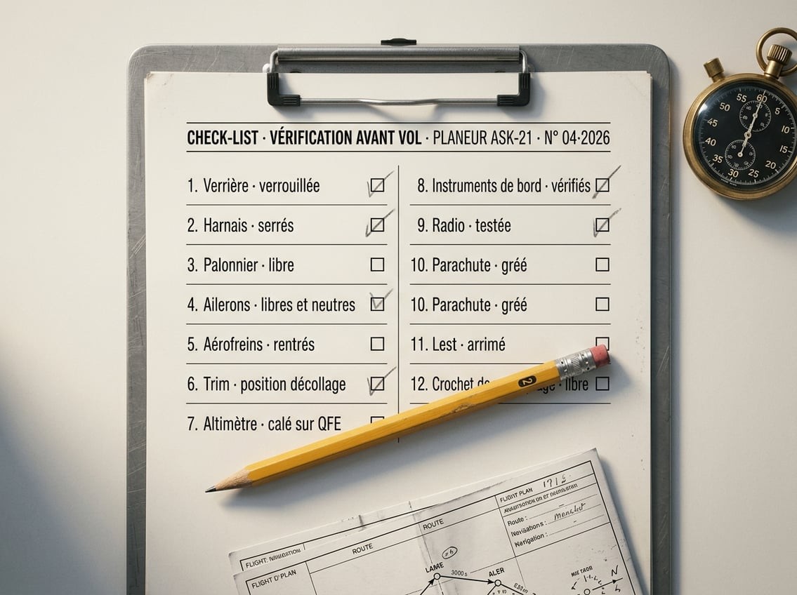 Vue en plongée d'une check-list technique aviation sur planche à pinces, avec crayon, règle graduée et notes chiffrées
