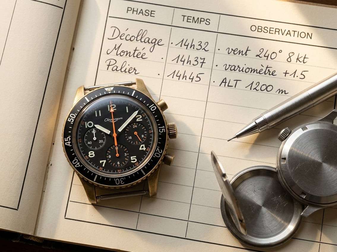Vue en plongée d'un chronographe de précision aviation posé sur une planche de vol avec fiches chiffrées et stylo technique