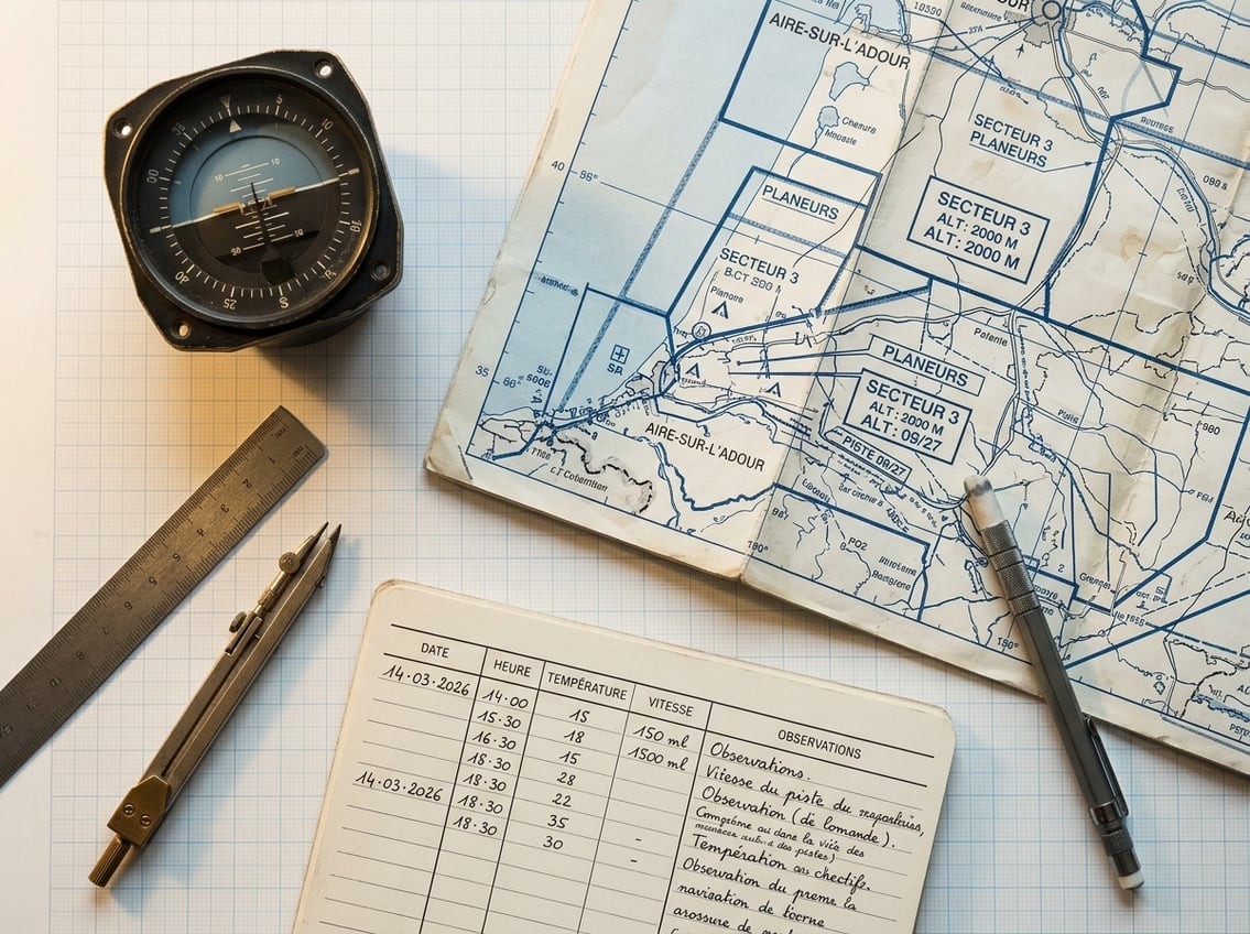Vue en plongée d'une table de travail technique avec instruments de mesure, planches d'aviation, règles graduées et documents chiffrés