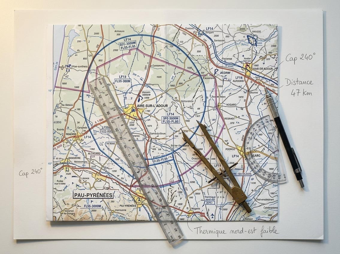 Vue en plongée d'une carte aéronautique sectionnelle avec règles graduées, compas et notes techniques en français
